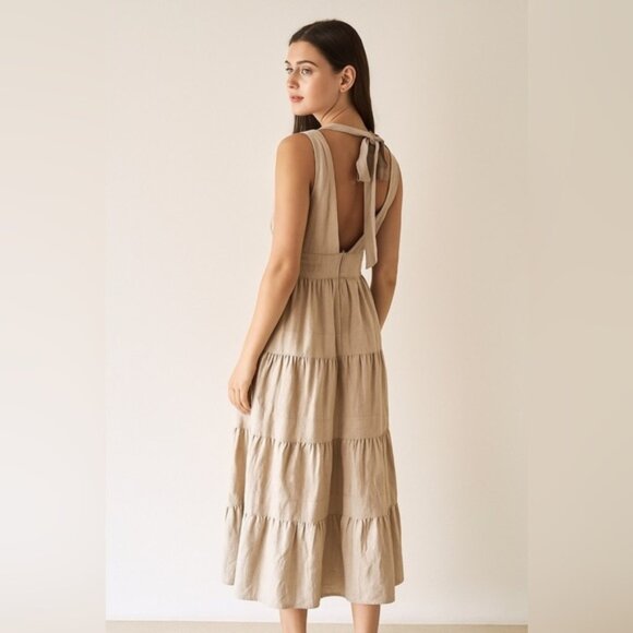 House Of Harlow 1960 Tan Linen Blend Tiered Plunge V Neck Midi Dress Size Medium - Picture 1 of 11
